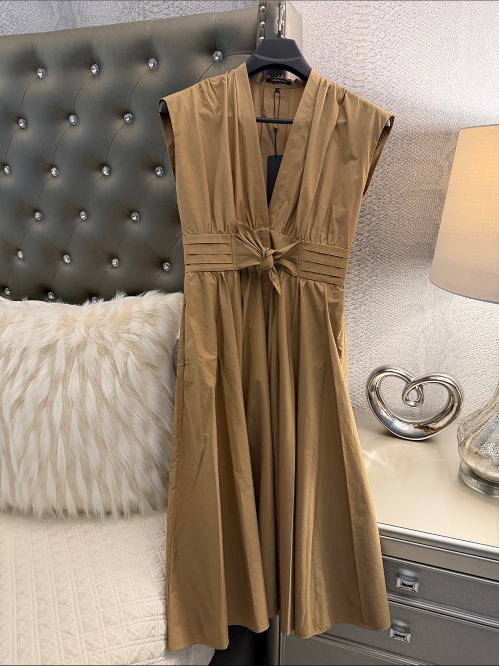 Kobi Halperin Keira Cotton Blend V-Neck Tie Waist Midi Dress Tan Medium NWT